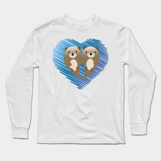 Cute Otter Couple and Blue Scribble Heart Background Long Sleeve T-Shirt